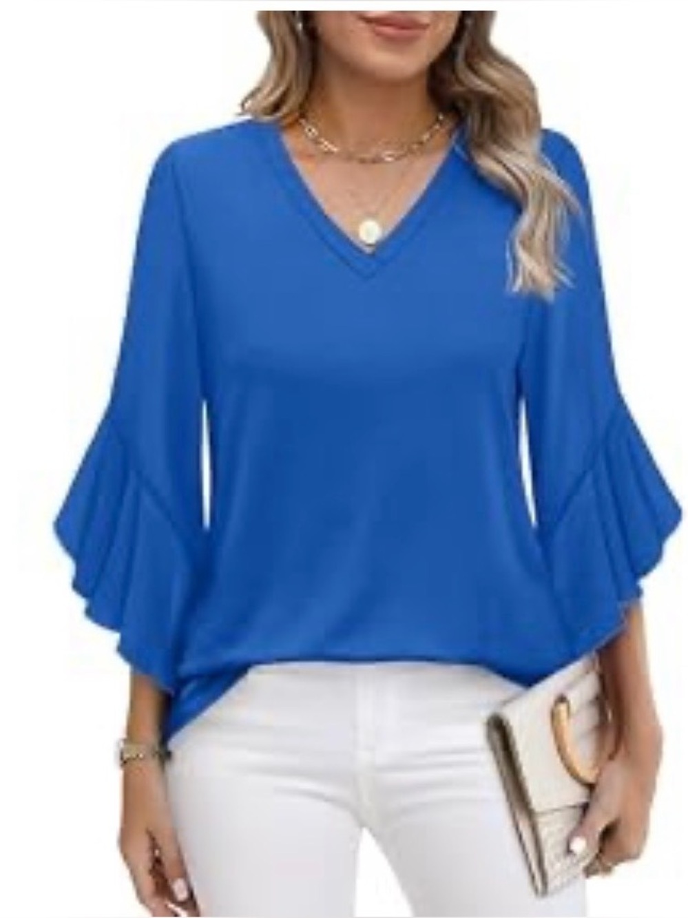 V-Neck Ruffle Sleeve Blouse - Royal Blue
